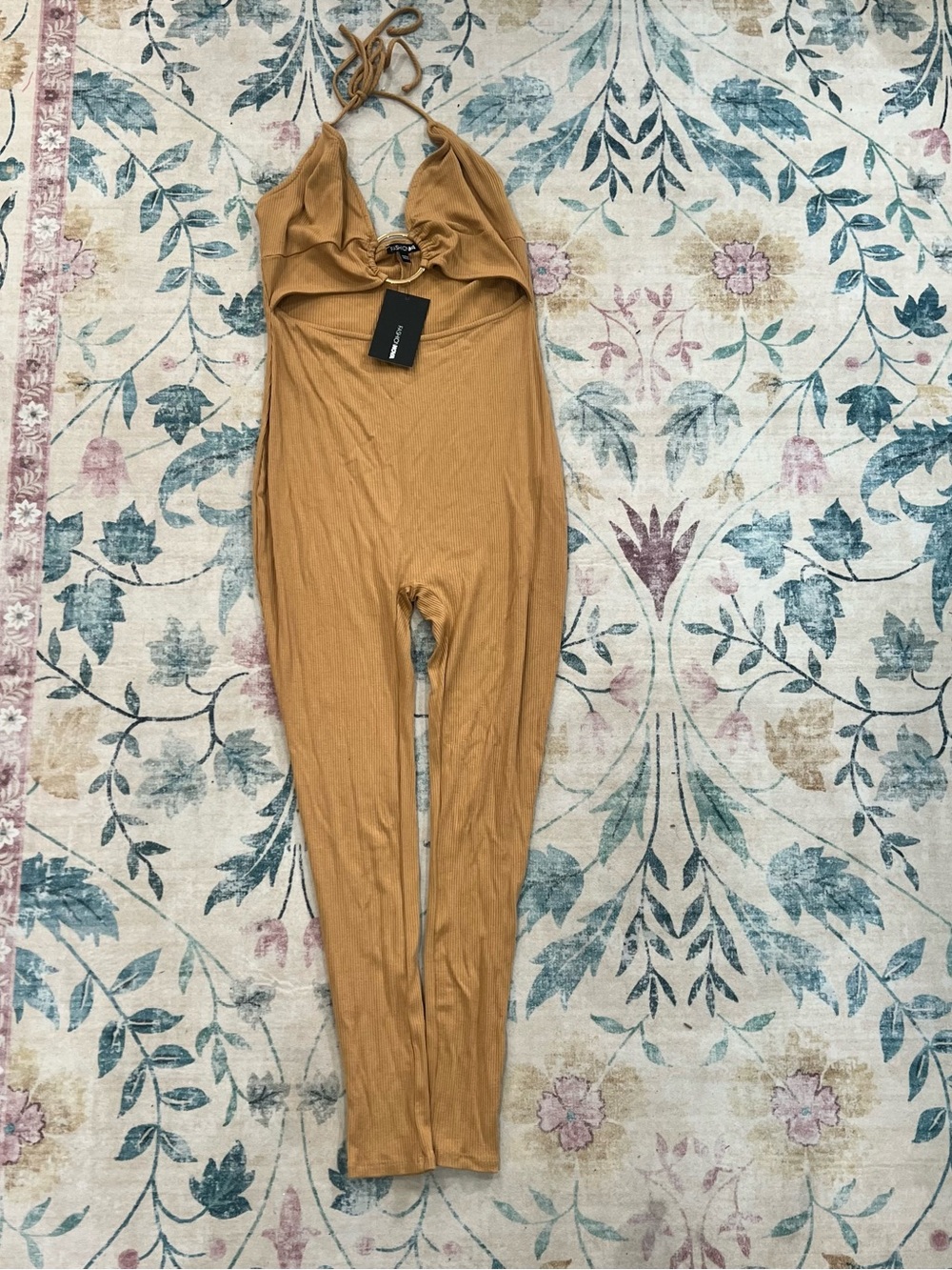 Fashion Nova Mustard Halter Jumpsuit with Ring Detail